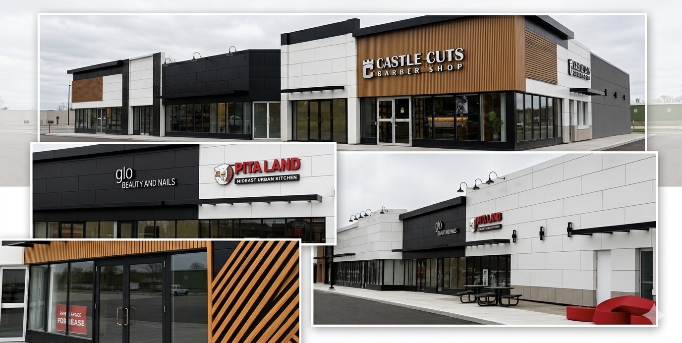 Modern Retail Plaza — ACM cladding · architectural façade panels · woodgrain feature elements · curtain wall storefront systems